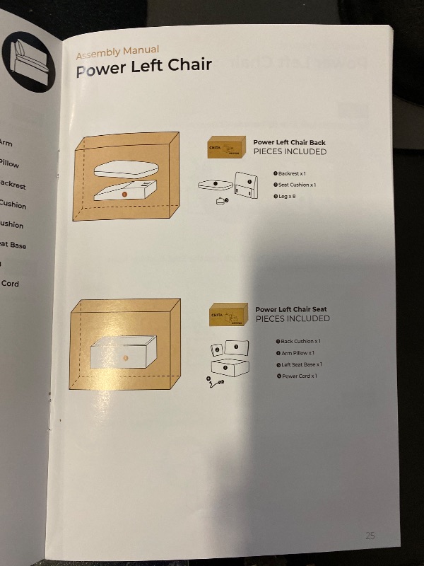 Photo 1 of Partial Set Box 3 - Back Cushion, Arm Pillow, Left Seat Base, & Power Cord-CHITA Living Sophia Power Modular Sofa with Electric Footrests