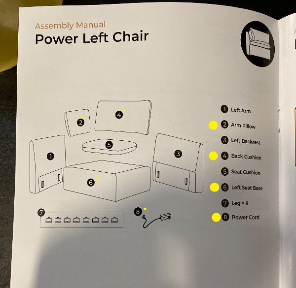 Photo 1 of Partial Set Box 3 - Back Cushion, Arm Pillow, Left Seat Base, & Power Cord-CHITA Living Sophia Power Modular Sofa with Electric Footrests