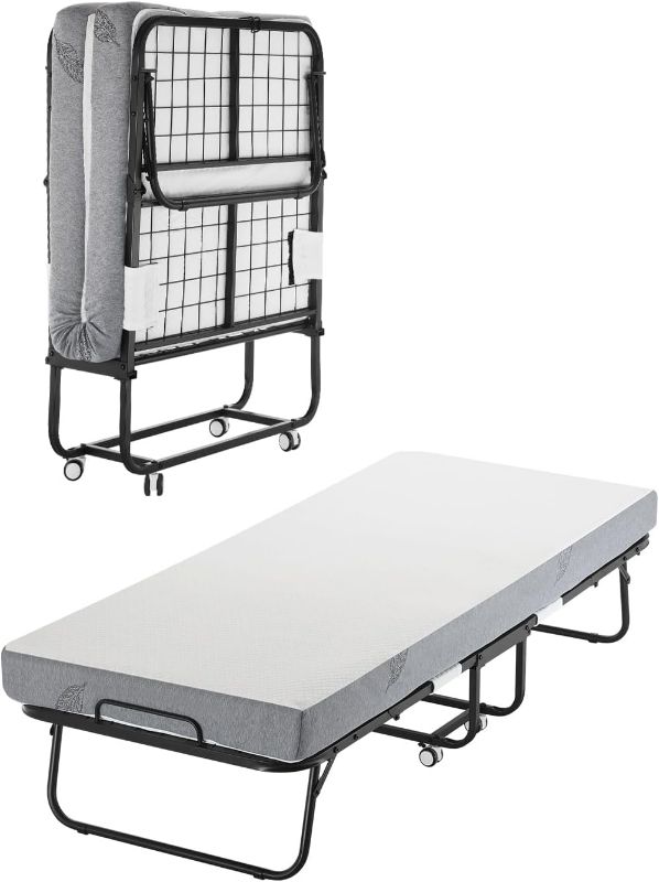 Photo 1 of VEVOR 31 in x 75 in Folding Bed with 5 in Mattress, Twin Size, White, Metal Frame & Memory Foam Mattress, Portable Rollaway Bed, 300 lbs Weight Capacity, Adult, Guest
