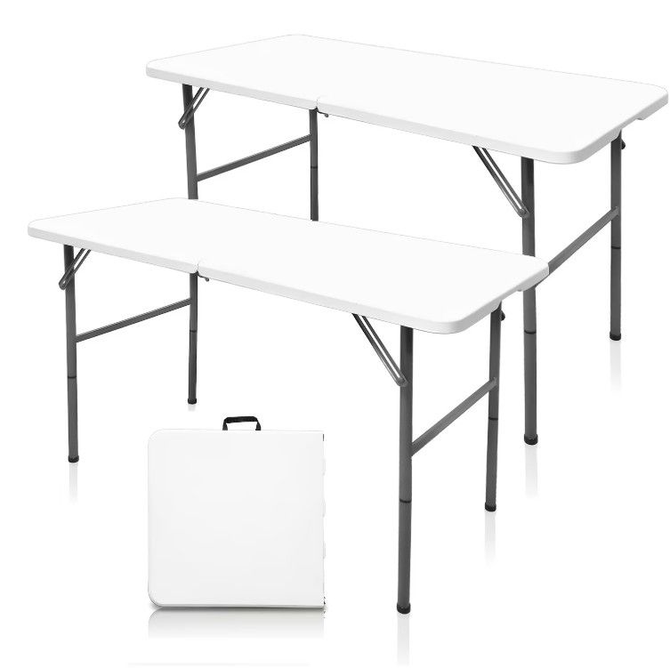 Photo 1 of 2 PACK 4-FT Plastic Folding Dining Table, White High Duty Rectangular Dining Table with Carrying Handle, Portable in/Outdoor Camping Picnic Garden Party Dining & Office Meeting Desk, Renting Supplie