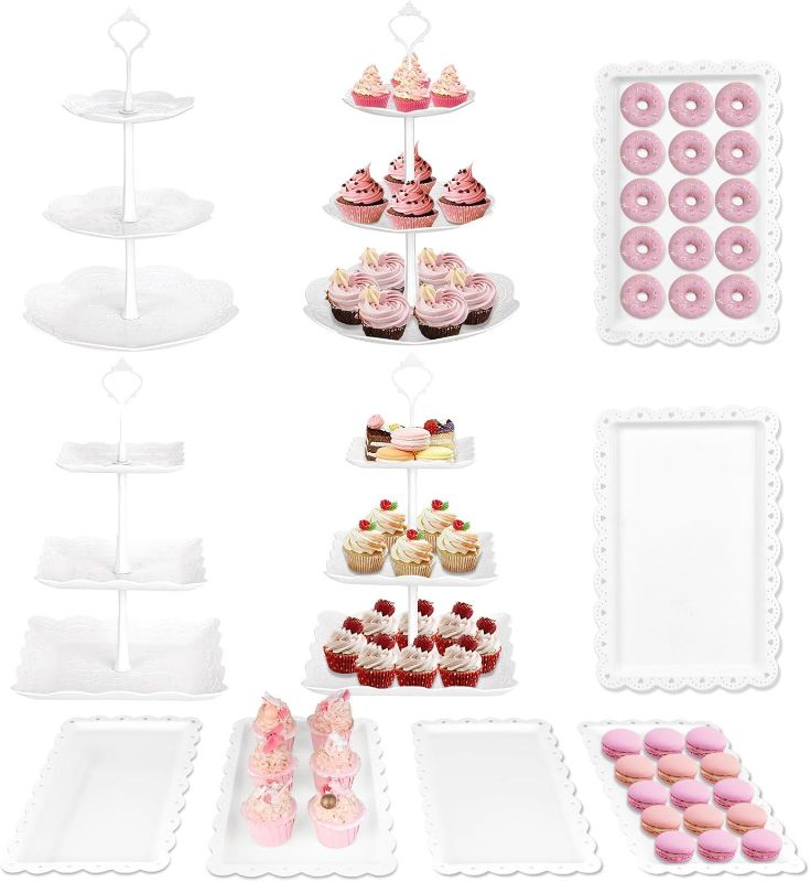 Photo 1 of Mwellewm 10Pcs Cupcake Stand,Dessert Table Display Set, 4 White 3 Tired Cake Stand 6 Plastic Serving Trays for Party Cookie Rack Desert Tower Holder for Wedding Decor Baby Shower Tea Party Decorations