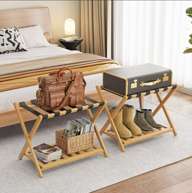 Photo 1 of BAMBOOHOMIE 2-Pack Bamboo Luggage Rack with Shelf, Folding Suitcase Luggage Stand for Guest Room or Hotel, Wide Heavy-Duty Luggage Holder, Natural
