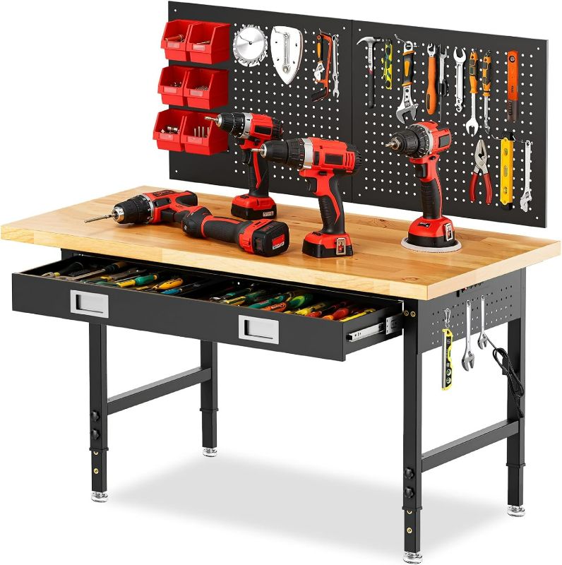 Photo 1 of 60" Workbench with Drawers, Adjustable Height Work Table, 2000 LBS Heavy-Duty, Rubber Wood, Black, Steel
