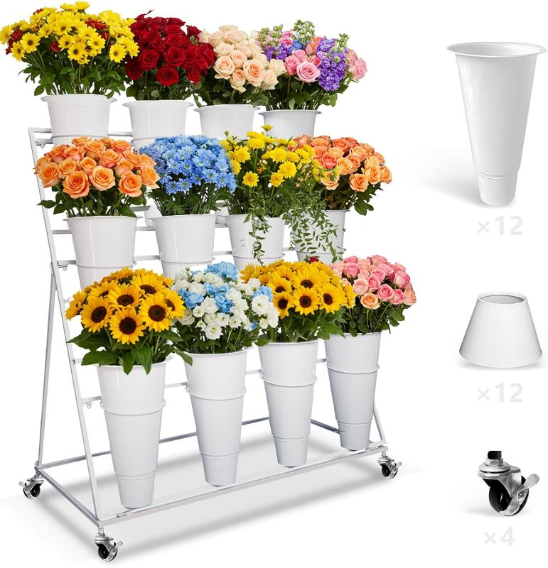 Photo 1 of Flower Stand with 12 Buckets, White Flower Cart Display Stand with Wheels, 3 Layers Metal Flower Bar for Florist Bouquet Shelf Weddings Party Ceremony Indoor Outdoor Patio Garden