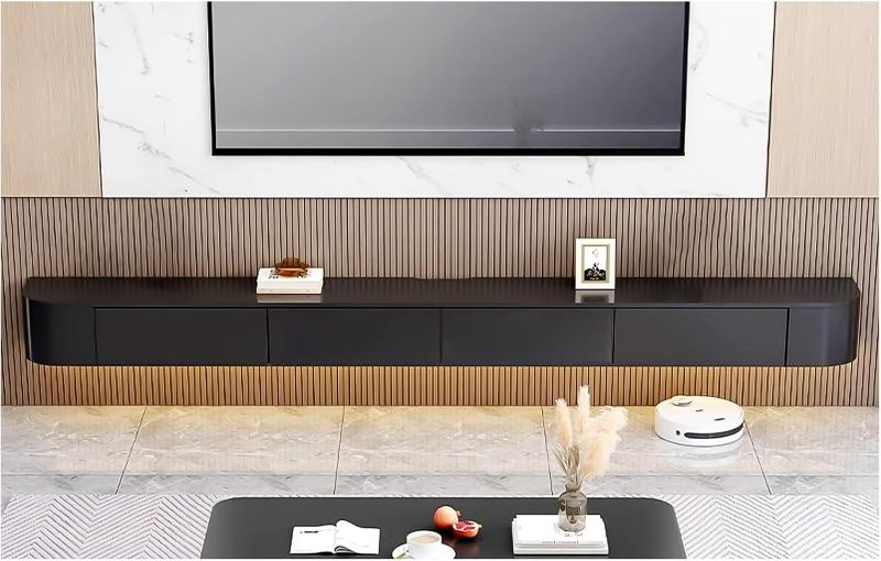 Photo 1 of White Floating TV Stand, Wall-Mounted Media Console with Doors, Drawers, Solid Wood TV Cabinet, Living Room TV Storage Shelf, Modern TV Console Entertainment Center, TV Unit(Black, 86 Inch)