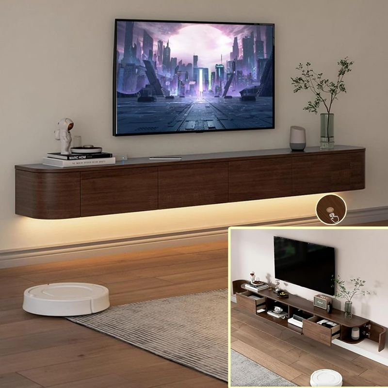 Photo 1 of Floating TV Stand Large Floating TV Shelves Wall Mounted Multi Storage Compartment TV Media Console Floating TV Cabinet Bench Under TV Large Storage (Brown with LED, 78.7 * 7.9 * 11.8IN)