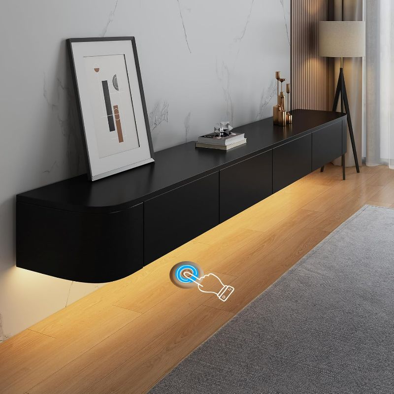 Photo 1 of Floating TV Stand - Wall Mounted Media Console with 2 Drawer, Floating Entertainment Center TV Cabinet, Wall Mounted Audio/Video Shelf for Home Room (Black+LED, 94.49x7.87x9.45IN)
