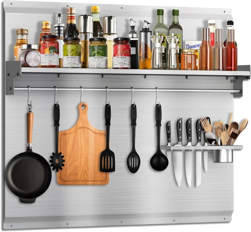 Photo 1 of 36"x28" Stove Backsplash, Stainless Steel Range Backsplash with Storage Shelf & Hooks - Easy Install Kitchen Splash Guard Wall Panel