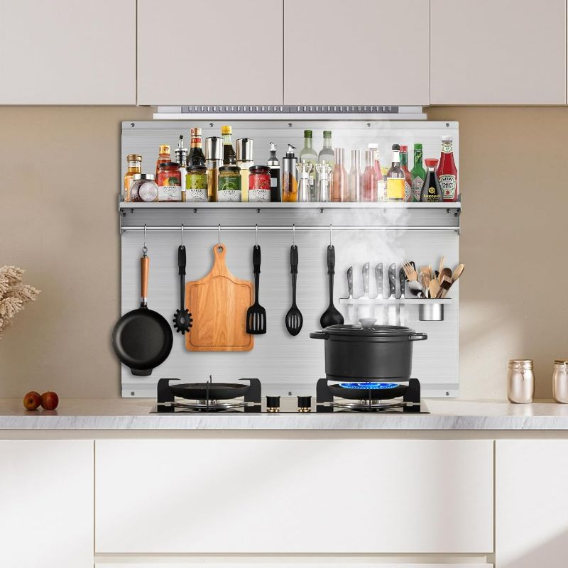 Photo 1 of 36"x28" Stove Backsplash, Stainless Steel Range Backsplash with Storage Shelf & Hooks - Easy Install Kitchen Splash Guard Wall Panel