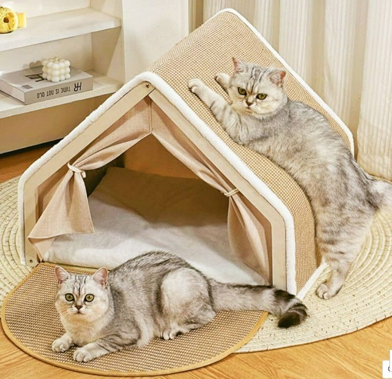 View 1 of All-in-One Cat Tent with Scratching Roof and Cozy Sleeping Area
