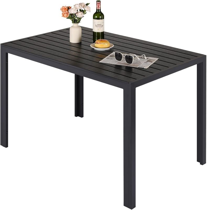Photo 1 of  Outdoor Patio Table for 4-6 Person, 43×28in Rectangle Outdoor Dining Table with Wooden-Like Top and Aluminum Frame, Heat and Weather Resistant, Ideal for Garden, Patio, Poolside, Porch, Black
