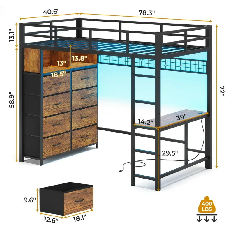 Photo 1 of Loft Bed With Desk And 8 Storage Drawers, Metal Loft Bed With Led Lights & Charging Sation, Storage Shelves, 13.1" H Safety Guard & Ladder, No Box Spring Needed, Brown/Black
