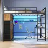 Photo 1 of Loft Bed With Desk And 8 Storage Drawers, Metal Loft Bed With Led Lights & Charging Sation, Storage Shelves, 13.1" H Safety Guard & Ladder, No Box Spring Needed, Brown/Black
