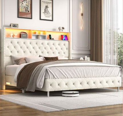 Photo 1 of Blotout King LED Upholstered Bed Frame with Storage Wingback Headboard, Velvet Diamond Button Tufted Bed Frame USB & Type-C Ports and Side Pockets, Wood Slats Support, No Box Spring Needed
