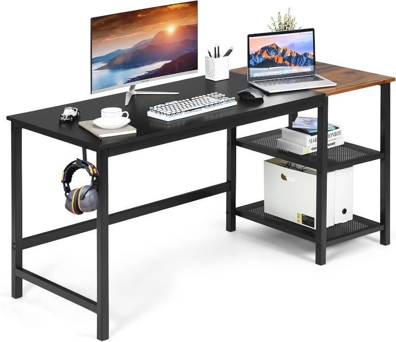 Photo 1 of COSTWAY 59” Computer Desk, with 2 Removable Storage Shelves, Industrial Writing Workstation with Headphone Hook, for Home Office, Gaming Desk (Black)