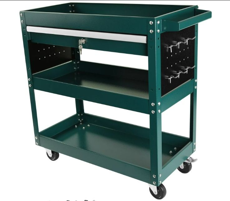 Photo 1 of Compact Rolling Utility Cart 3 Trays & 1 Drawer Steel Construction Industrial Service Tool Organizer

