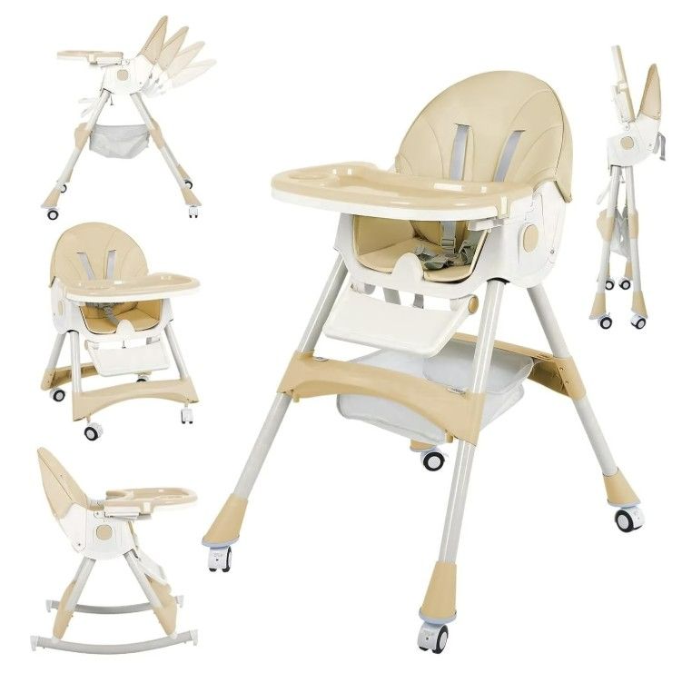 Photo 1 of Cochildor 6 in 1 Foldable High Chair, Convertible High Chair for Baby&Toddler, with 5 Point Harness, Beige
