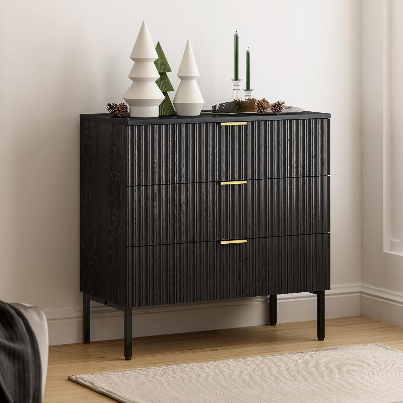 Photo 1 of Fluted 3 Drawer Dresser, Large Modern Chest of Drawers Bedside Nightstand with Metal Legs, Wood Side Table Closet Storage Dresser Organizer for Bedroom Living Room Entryway, Black