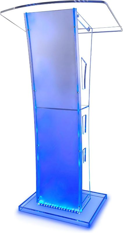 Photo 1 of Clear Acrylic Podium - 7 Color LED Stand with Remote Control, Professional Presentation Lectern for Speeches, Lectures & Recitals Wide Reading Surface (7 Color)