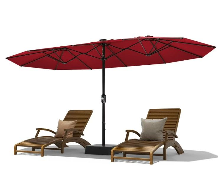 Photo 1 of 15FT Double-Sided Patio Umbrella with Base, UV Protection & Waterproof Polyester, Large Market Sun Shade with Crank Lift for Pool, Garden, Backyard