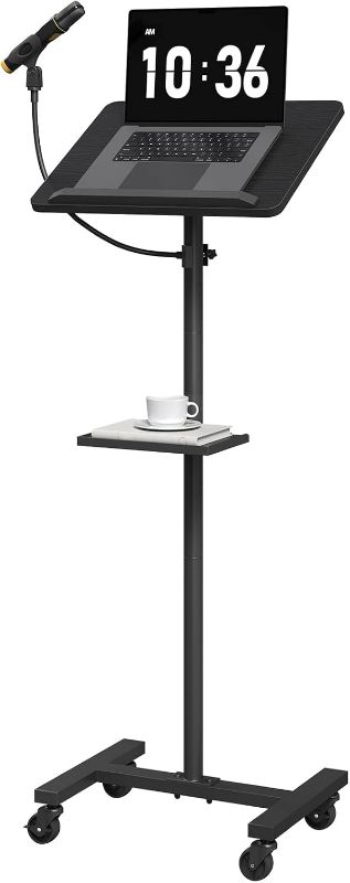 Photo 1 of MAHANCRIS Podium Stand with Microphone Stand, Standing Desk and Laptop Desk with Storage Tray, 28.9-42.7 Inch Adjustable Height Portable Lectern for Classroom, Conference Room, Black LPBK4001