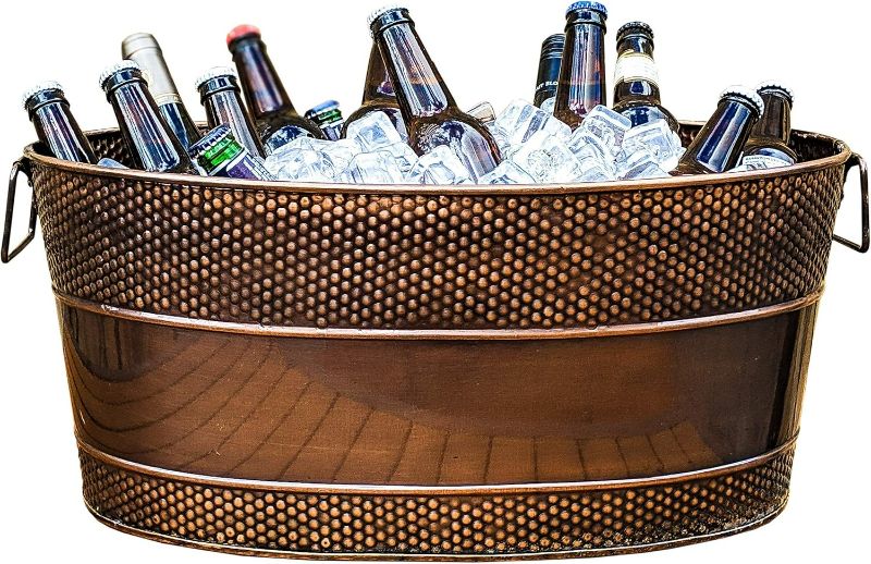 Photo 1 of BREKX Aspen Galvanized Tub, Copper Finish Metal Ice and Drink Cooler for Parties, Sealed Leak Resistant Party Cooler, Easy to Clean, Handcrafted, Large Oval 25-Quart (6 Gallon), 30 Bottle Bucket