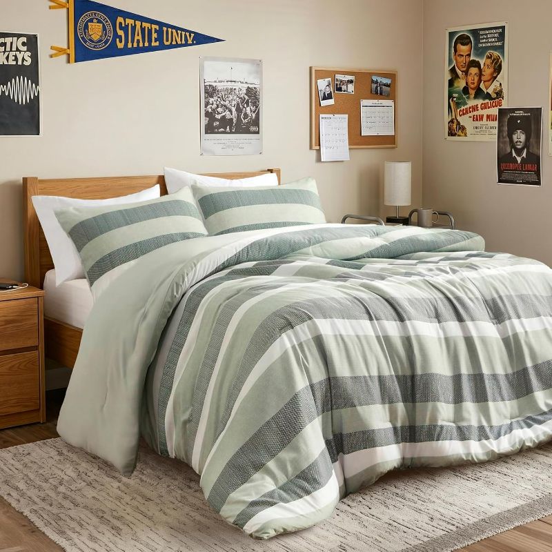 Photo 1 of Full/Queen Size Comforter Set Sage Green - 3 Pieces Modern Striped Quilt Bedding for Dorm All Season Soft Lightweight Reversible Bed Set with Comforter & Shams | Lightweight Soft
