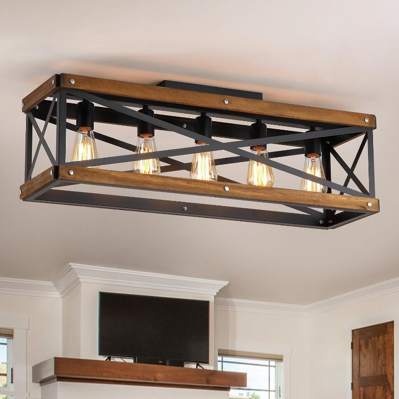 Photo 1 of 5-Light Large Rustic Farmhouse Wood Flush Mount Ceiling Light Fixture 31.5 inch Oak Wood and Metal Rectangular Track Semi Flush Mount Ceiling Light for Kitchen Living Room Bedroom Indoor, Black