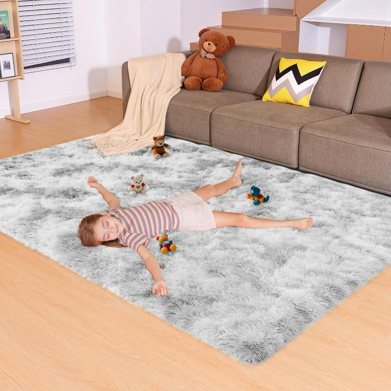 Photo 1 of 5x8 Tie-Dyed Grey Rugs for Living Room Bedroom, Fluffy Large Area Rug Soft Shag Non-Slip Carpet for Kids Boys and Girls Room Dorm Home Decor (5ft x 8ft)
