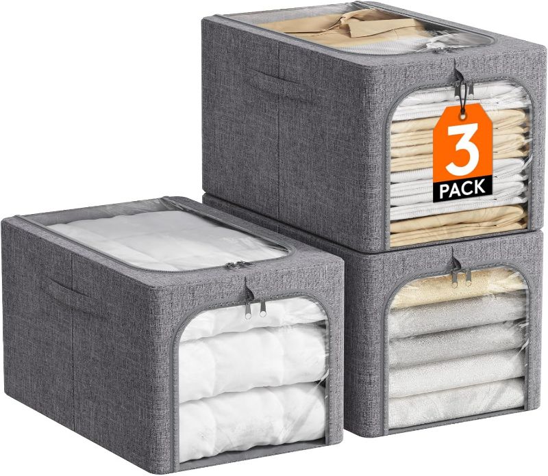 Photo 1 of Lifewit Clothes Storage Bins with Metal Frame 3 Pack, Fabric Stackable Storage Bags with Lids, Zipper, Foldable Clost Organizers Containers for Clothing, Blanket, Winter Cloth