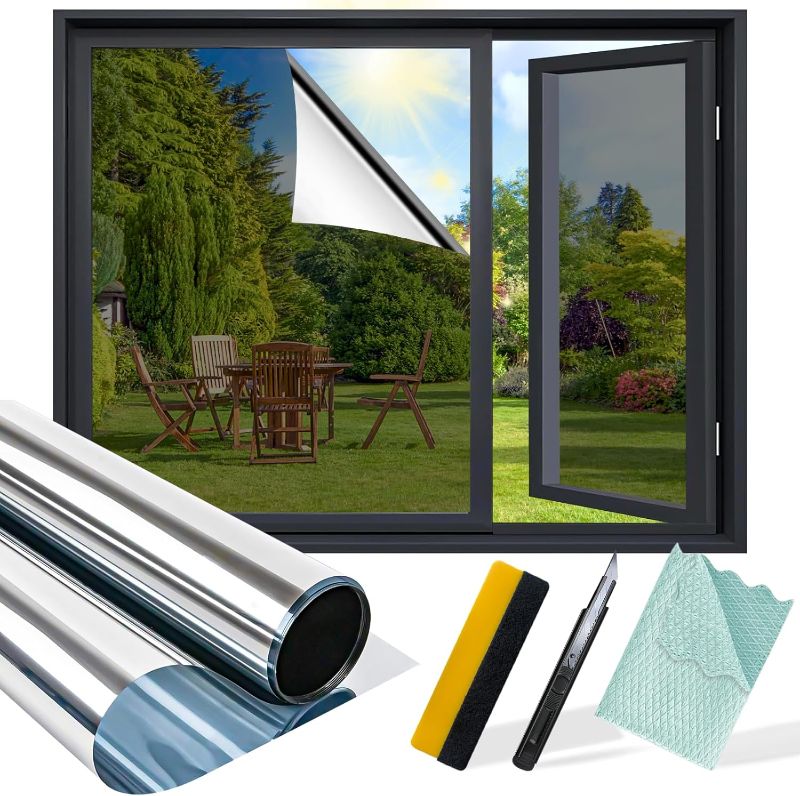 Photo 1 of One Way Privacy Window Film with Installation Tools, Window Tint for Home Heat Blocking, See Out Not in Effect Privacy Films, Anti UV Glass Door Film for Home Office (Silver 23.6" x 118")
