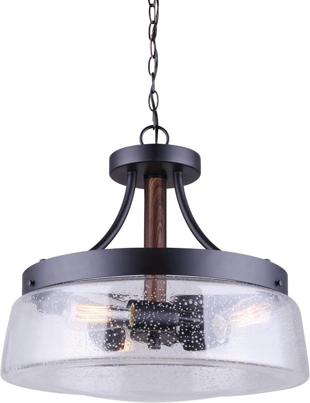 Photo 1 of Canarm Riva ICH730A03BKW16 3-Light 16" Chandelier - Seeded Glass, Dual Mount, 100W Type A, Black and Wood Finish, 16" W x 14.75" H, Versatile Lighting for Living Spaces

