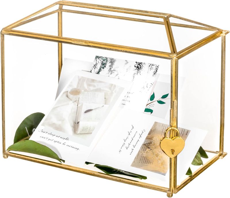 Photo 1 of NCYP Small 10.2" x 5.9" x 7.9" Glass Cards Box with Slot and Lock for Wedding Reception - Home Birthdays Party Geometric Decorative, Gold - Slot Length 6.3 Inches (Glass Box Only)
