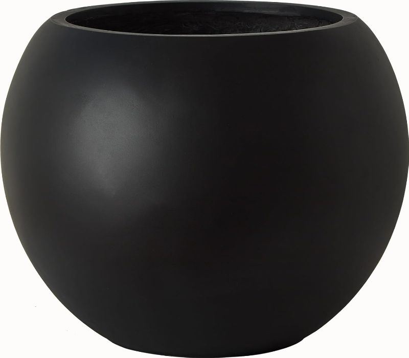 Photo 1 of 13.5 H x 17" Dia (12" Pot Opening) Black Round Fiberstone Planter with Drainage Hole, Indoor/Outdoor Large Plant Pot for Home Patio Garden, Ideal for Large Plants
