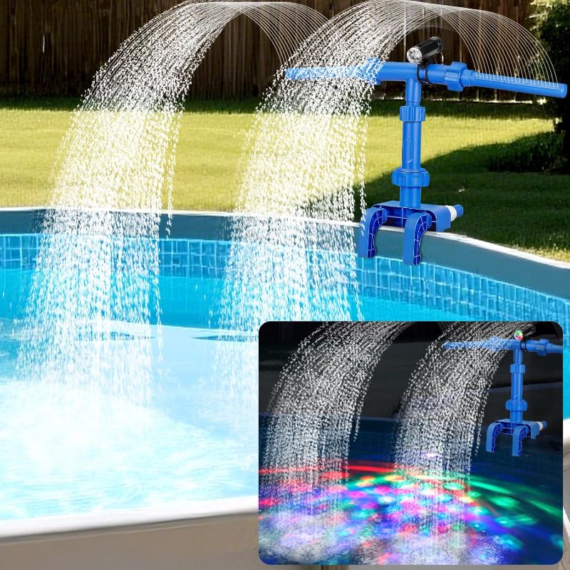 Photo 1 of Pool Fountains for Above Ground Pools, Waterfall Sprinkler Fountain with Lights, 360°Adjustable Dual-Spray Cooler Aerator, Swimming Pool Accessories Fit 1.18in to 4.72in Top Frame
