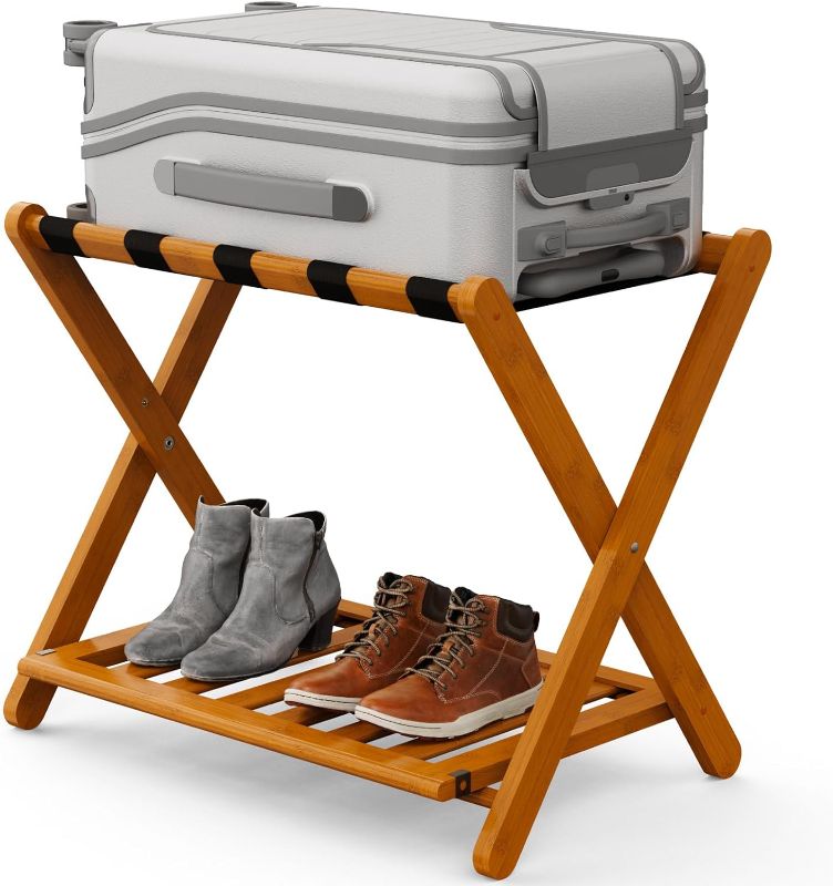 Photo 1 of Fully Assembled Luggage Rack, 5 Nylon Straps Folding Suitcase Stand, Heavy Duty 200lbs Capacity, Large Luggage Holder for Bedroom, Guest Room, Hotel Honey Oak
