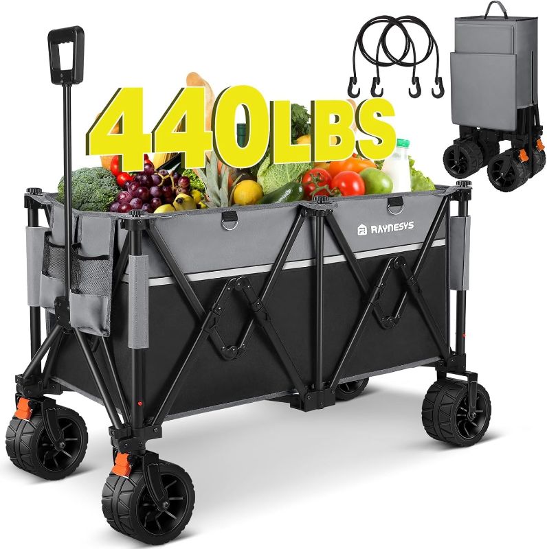 Photo 1 of Collapsible Foldable Wagons, 440 lbs Weight Capacity Beach Wagon with Big All-Terrain Wheels, Heavy Duty Foldable Wagon,Utility Carts for Outdoor, Sports, Shopping, Camping, Black & Gray
