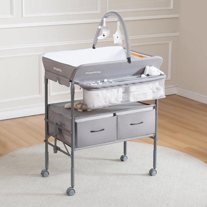 Photo 1 of Maydolly Baby Changing Table, Portable Folding Changing Table with Wheels, Waterproof and Adjustable Height, Premium Diaper Changing Station with Two Drawers, Mobile Nursery for Newborn (Grey)

