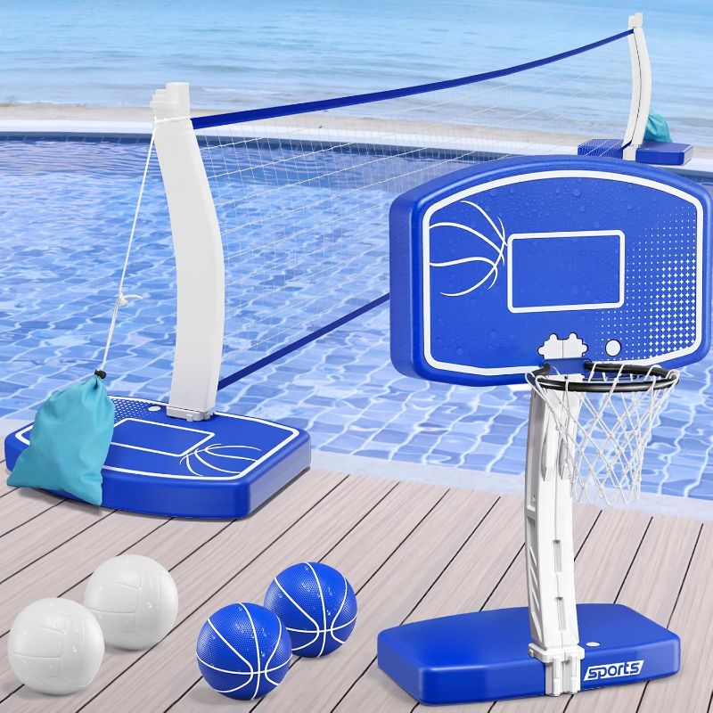 Photo 1 of 2-in-1 Pool Basketball Hoop and Volleyball Net, Pool Volleyball & Poolside Basketball Game Set for Inground Swimming Pool, Summer Outdoor Water Games Toys for Kids Teens Adults Family
