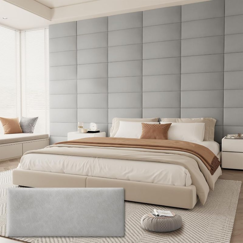 Photo 1 of Upholstered Headboard for King Size Bed, Wall Mounted & Peel and Stick Headboard, Soundproof DIY Wall Panels, Leather Head Board in Modern Design for Bedroom (12 Panels, Each 23.62"x9.84"
