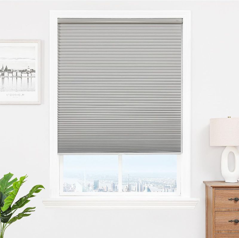 Photo 1 of Joydeco No Tools No Drill Window Blinds for Indoor Windows, Blackout Shades Cellular Shades Cordless, No Drill Blinds for Windows, Window Shades for Home, Bedrooms, Doors (Grey, 34" W x 64" H)
