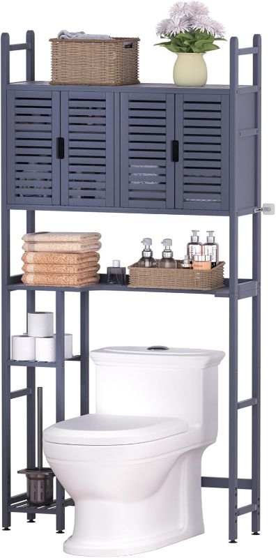 Photo 1 of Cozivolife Over The Toilet Storage Cabinet with Paper Holder Stand,Bamboo Bathroom Organizer Shelf with Four Door and Waterproof Feet Pad,Space Saver Rack with Anti-Tip Design (Grey)
