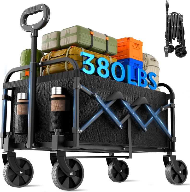 Photo 1 of Collapsible Wagon 380 lbs, Heavy Duty Wagons Carts Foldable, Shopping Cart with All-Terrain Wheels & 2 Drink Holders, Weatherproof, Wagon Cart for Home, Outdoor,Beach,Camping, Sports, Black
