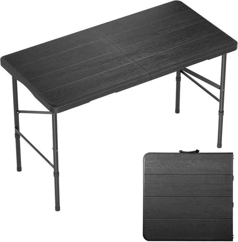 Photo 1 of 4 Ft Plastic Folding Table,Heavy Duty Portable Table for Indoor & Outdoor,Wood Grain Desktop & 350lbs Weight Capacity,Premium Solutions for Camping,Picnic,BBQ and Party
