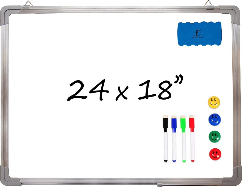 Photo 1 of Whiteboard Set - Dry Erase Board 24 x 18 in with 1 Magnetic Dry Eraser, 4 Drywipe Markers and 4 Magnets - Small White Hanging Message Scoreboard for Home Office School (24x18 in)
