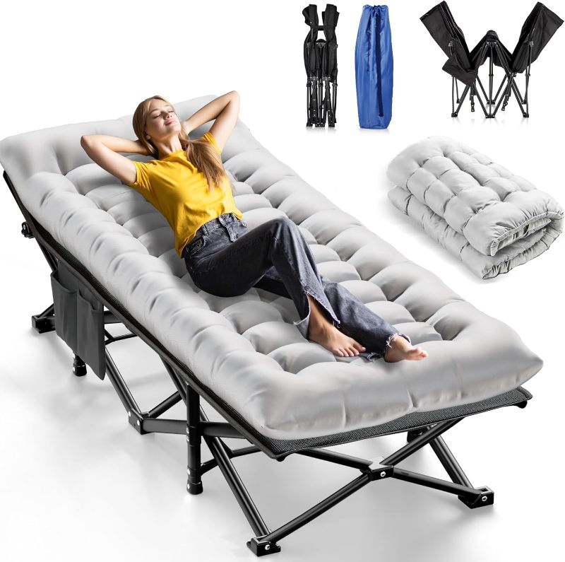 Photo 1 of Camping Cots for Adults, Upgraded Folding Camping Cot Heavy Duty Deluxe Size Sleeping Cots Bed 1200D Double Layer Oxford Camping Cot Mattress Portable cot Bed for Home Beach Travel, 550LBS
