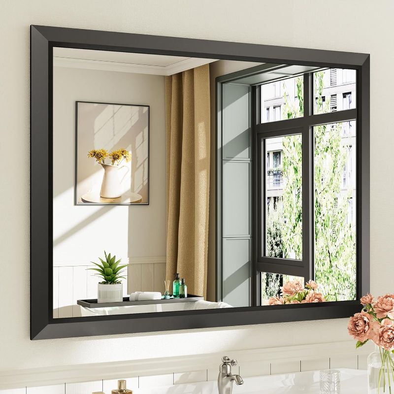 Photo 1 of 40x30 Inch Black Bathroom Mirror for Wall, Thick Metal Framed Rectangle Mirrors for Over Sink, Bedroom, Living Room, Entryway, Anti-Rust, HD Tempered Glass
