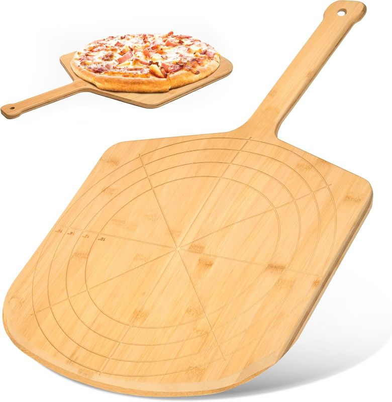 Photo 1 of Loftern Wooden Pizza Peel 16 Inch Board with Engraved Sizes - Multi-Purpose Bamboo Pizza Cutting Board, Wood Pizza Peel, Pizza Spatula Paddle, and Serving Board with Size and Cutting Guide
