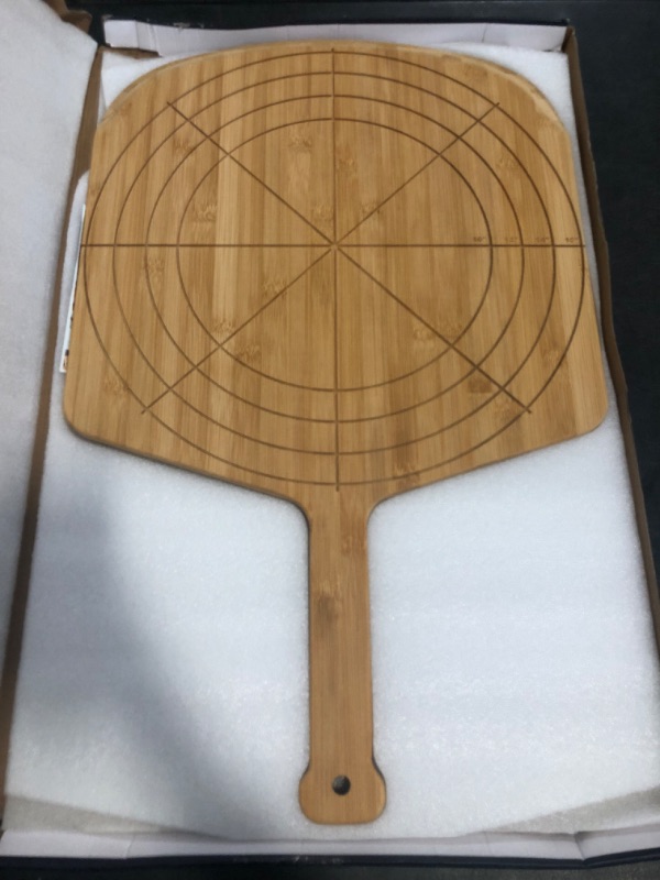 Photo 1 of Loftern Wooden Pizza Peel 16 Inch Board with Engraved Sizes - Multi-Purpose Bamboo Pizza Cutting Board, Wood Pizza Peel, Pizza Spatula Paddle, and Serving Board with Size and Cutting Guide
