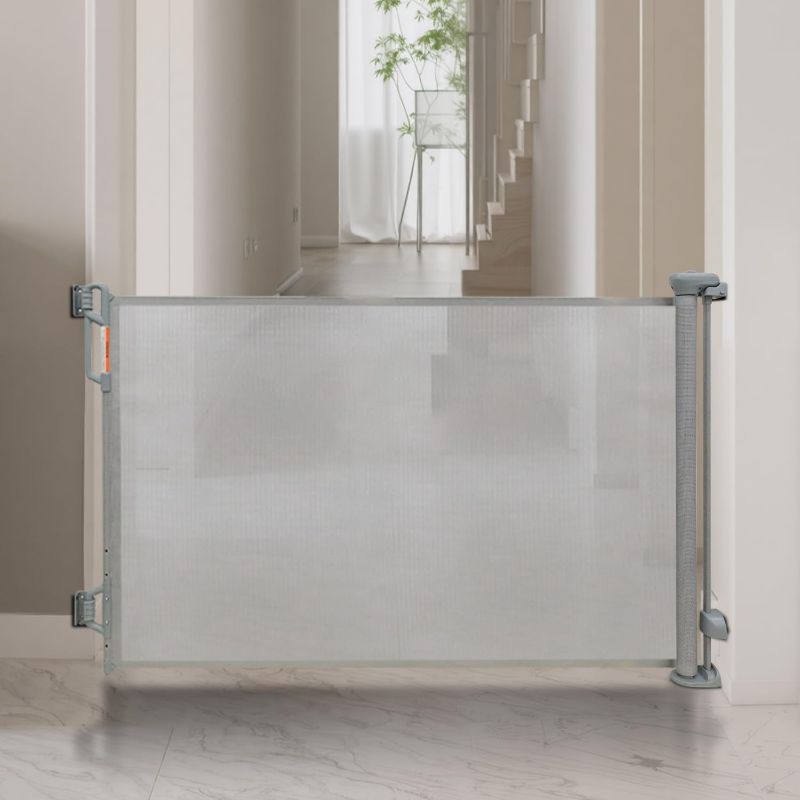 Photo 1 of Retractable Baby Gate, 55” Wide Mesh Safety Gate for Babies and Pets, 34” Tall, Easy One-Handed Use, Indoor & Outdoor Stair, Doorway, Hallway Fence
